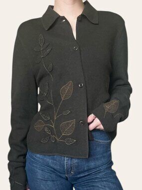 Jones New York 90s vintage olive green wool embroidered leaf cardigan - Medium